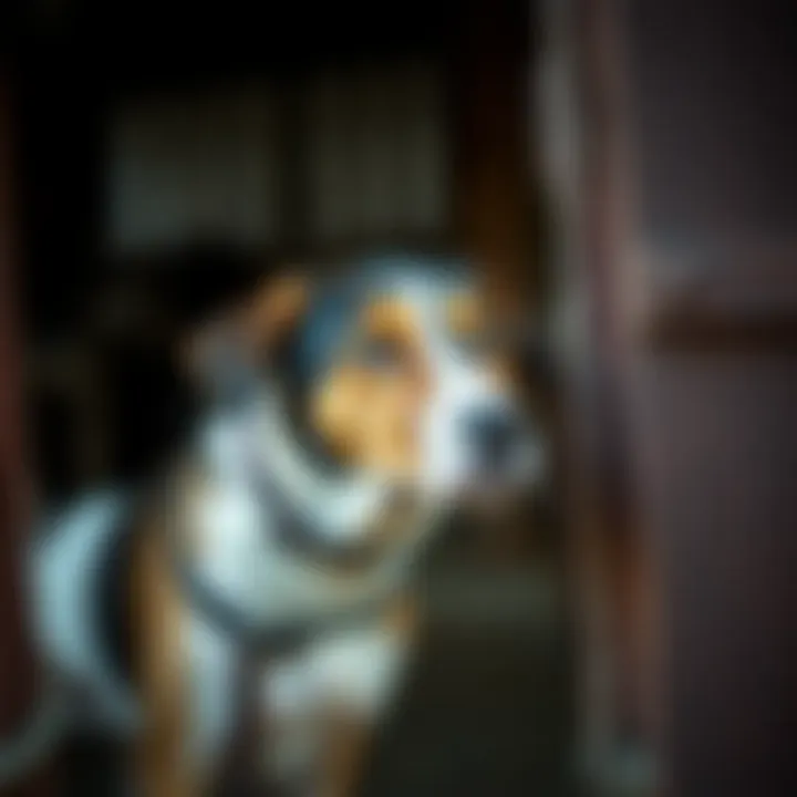 A dog guarding a barn with a watchful gaze