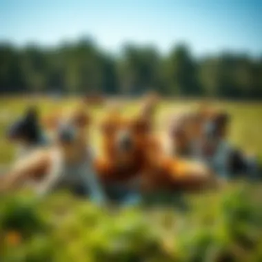 A diverse group of farm dogs resting together in a sunny pasture