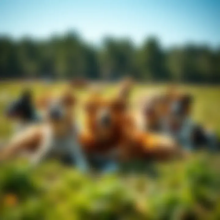 A diverse group of farm dogs resting together in a sunny pasture