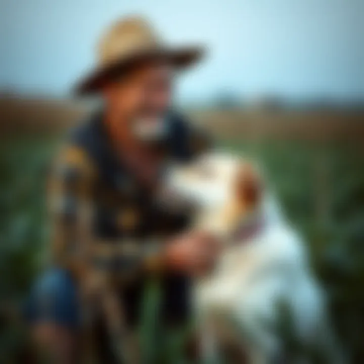 An emotional moment between a farmer and a dog in the fields
