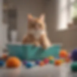 A pristine litter box surrounded by colorful cat toys