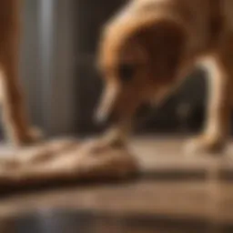 Curious dog examining its paw
