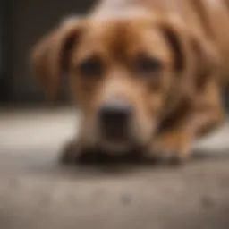 Dog with sad expression looking at a wet spot on the carpet