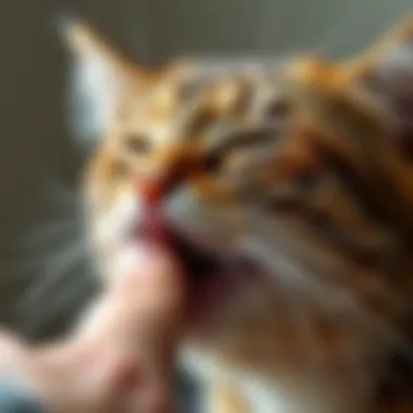 Close-up of a cat licking its owner's hand
