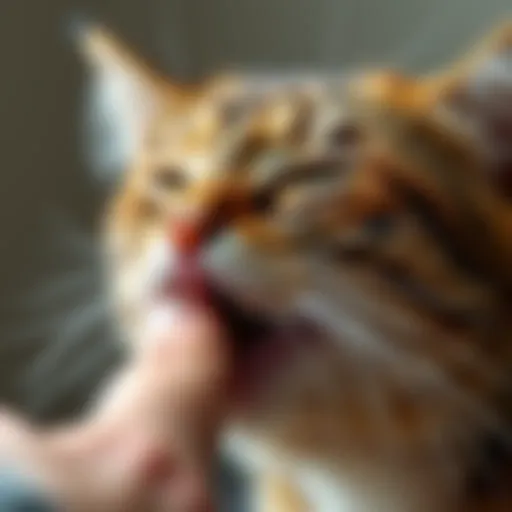 Close-up of a cat licking its owner's hand