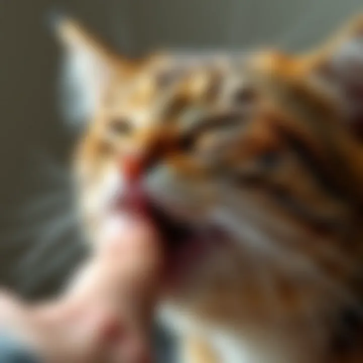 Close-up of a cat licking its owner's hand