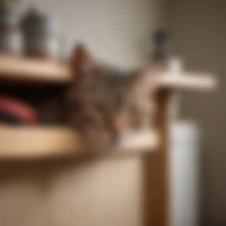 A cat hiding behind furniture, demonstrating avoidance behavior.