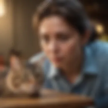 A worried pet owner observing their cat, reflecting concern for health.