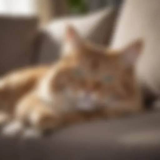 A sleepy cat resting on a couch, showcasing signs of lethargy.