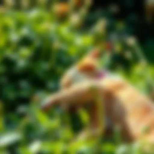 A dog scratching its fur in a lush green garden