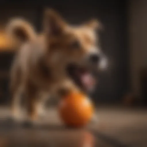 A dog playfully growling while interacting with a ball