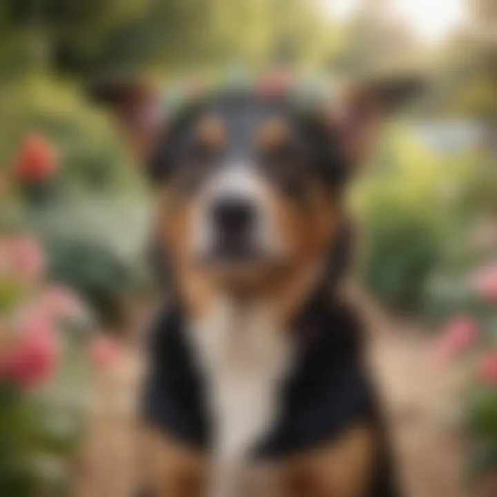 A female dog wearing a flower crown in a blooming garden