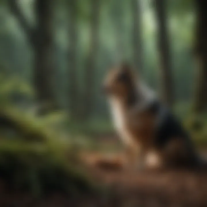 A mystical forest setting with a mystical aura around a female dog