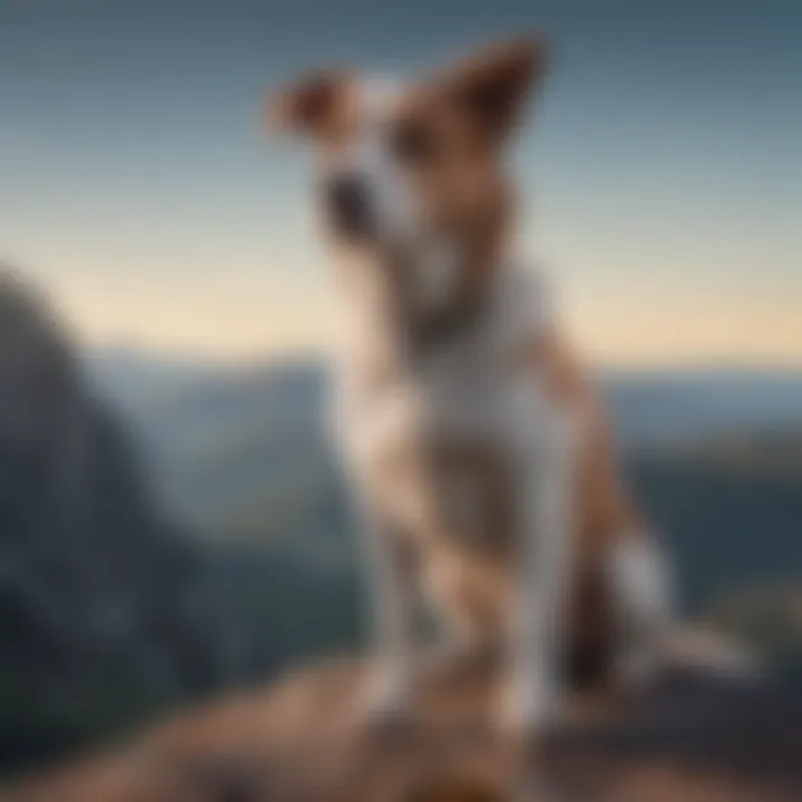 A female dog standing proudly on a mountain summit with a scenic background