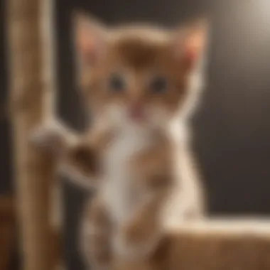 Cute kitten learning to use scratching post under supervision