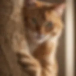 Elegant feline sharpening claws on scratching post