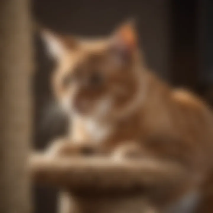 Playful cat discovering the fun of scratching post