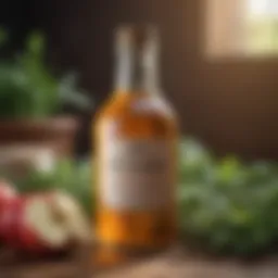 A bottle of apple cider vinegar surrounded by fresh herbs