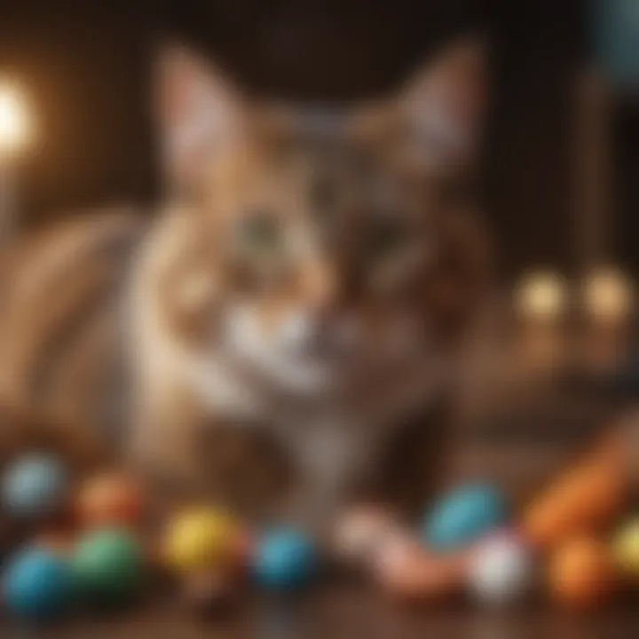 An array of colorful cat toys and treats from a subscription box