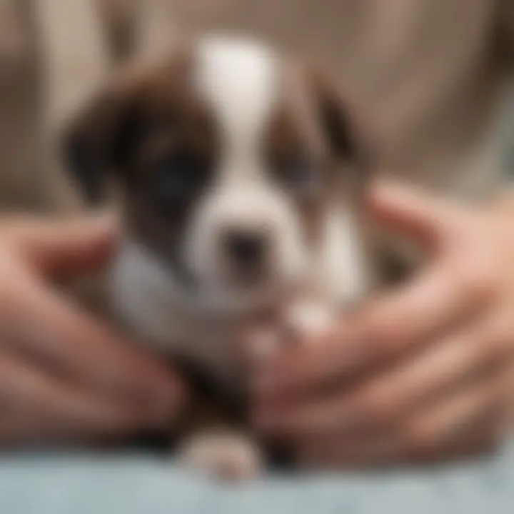 Veterinarian examining a newborn puppy's health