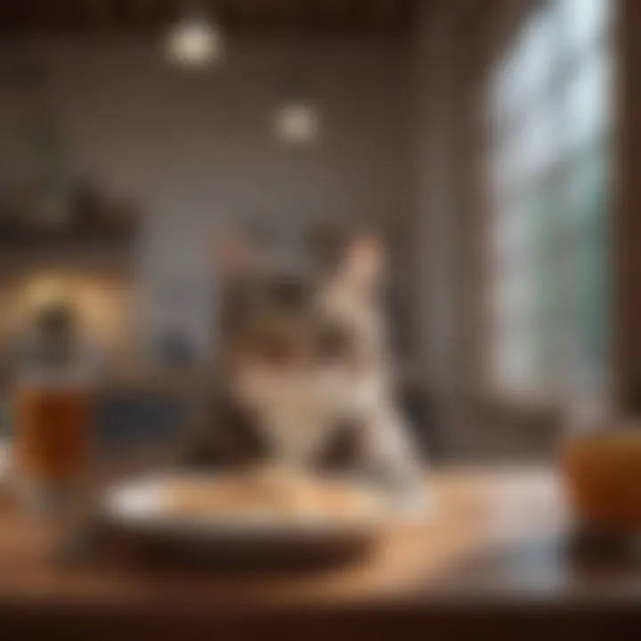 A cat enjoying a meal in a calm environment