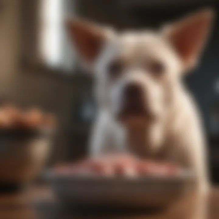 A dog looking concerned near a bowl of pork