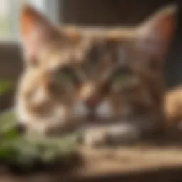 A relaxed cat enjoying catnip in a cozy setting