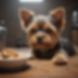 A Yorkie puppy with a bowl of food
