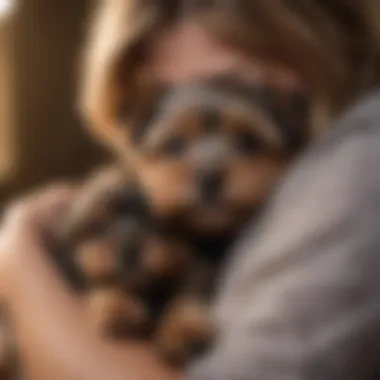 Yorkie Terrier Puppy snuggled with owner